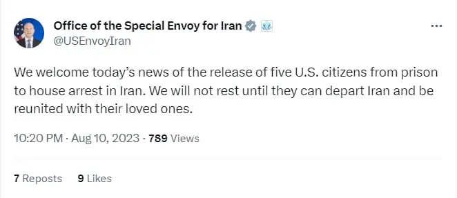 دفتر نمایندگی ویژه آمریکا در امور ایران درباره تبادل زندانیان