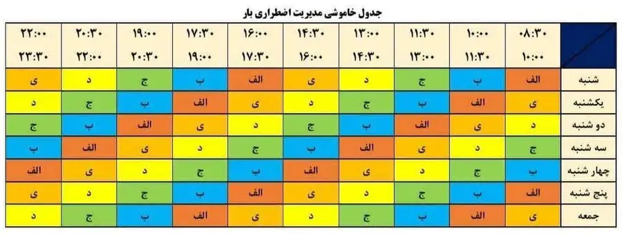 جدول قطعی برق