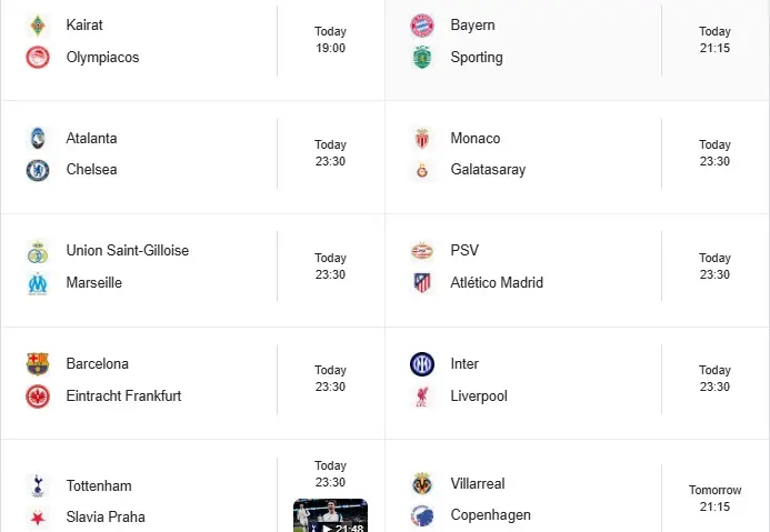 برنامه شب اول هفته ششم لیگ قهرمانان