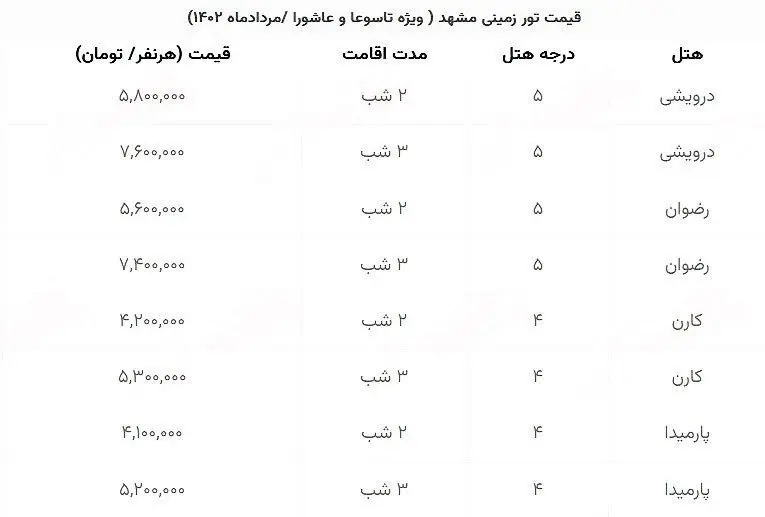 قیمت عجیب تور مشهد