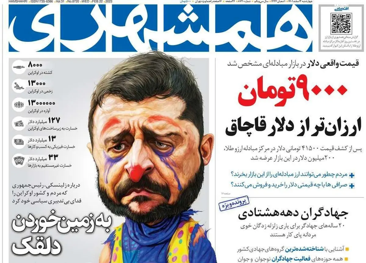 روزنامه همشهری: گلوله‌های روسی با دستور پوتین به سر مردم بی‌دفاع اوکراین آوار شد اما زلنسکی دلقک است!