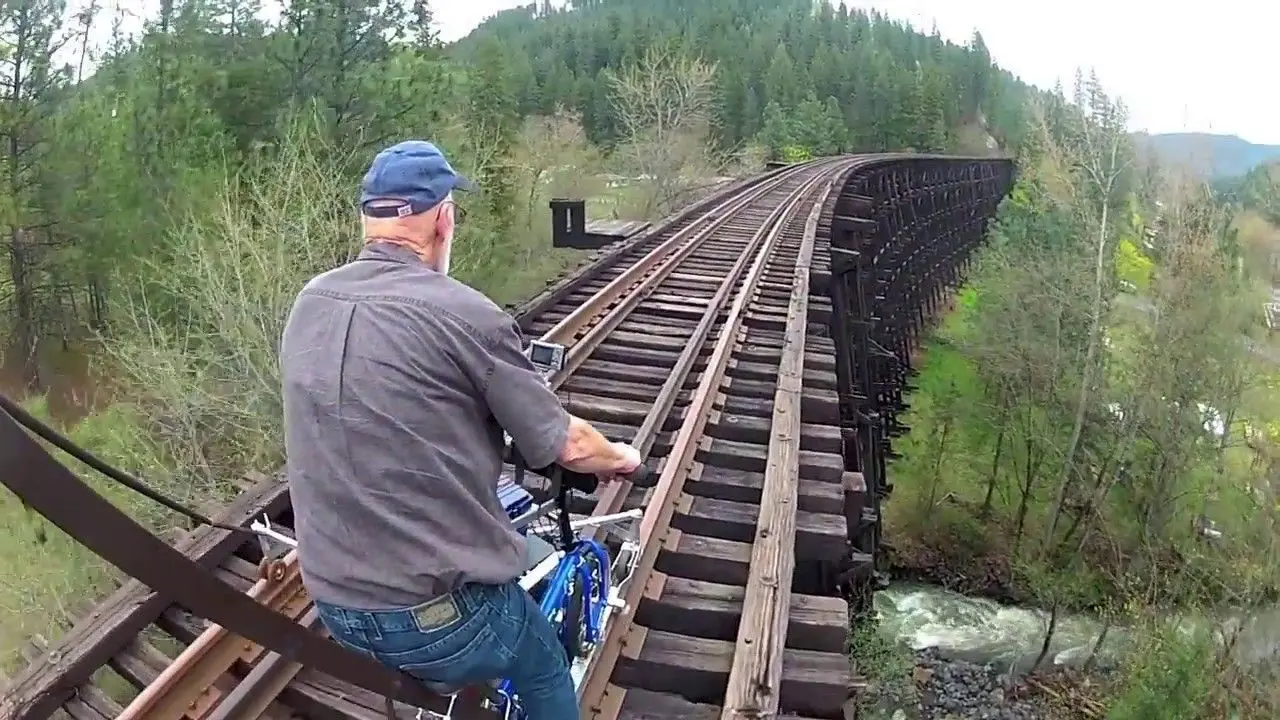 نجات پیرمرد دوچرخه‌سوار از مرگ حتمی برخورد با قطار + ویدئو