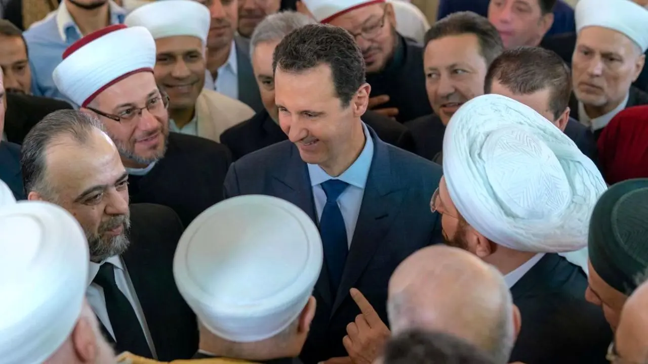 حضور بشار اسد در مراسم جشن میلاد پیامبر اکرم(ص) در مسجد دمشق + تصاویر
