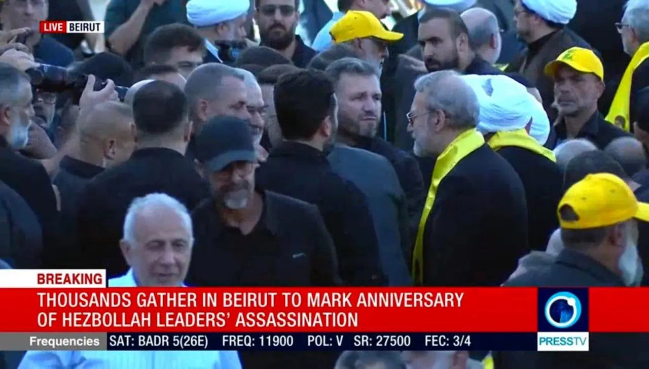 ببینید| حضور لاریجانی در مراسم سالگرد شهادت سید حسن نصرالله در بیروت